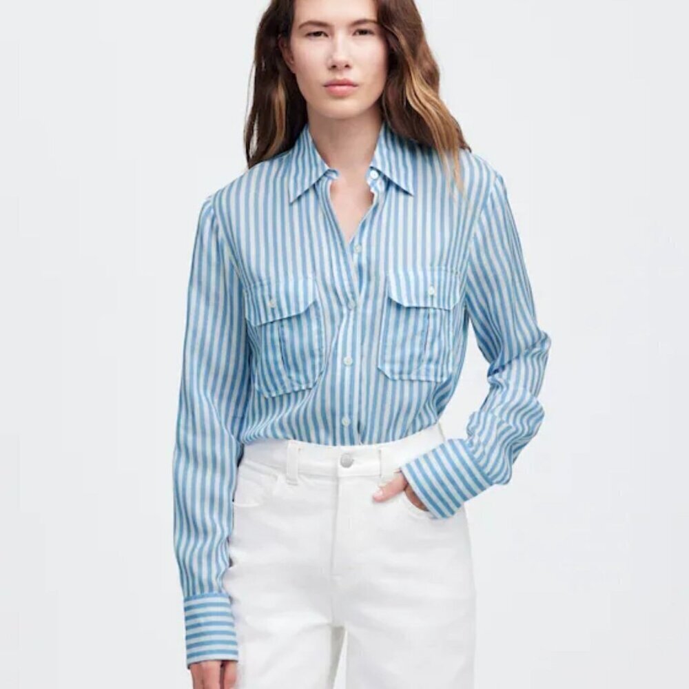NWT Madewell Blue and White Striped Utility-Pocket Button-Up Shirt - Size: 0
